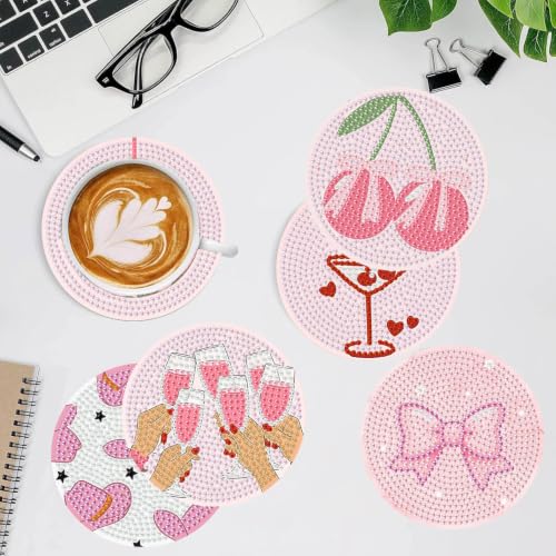 XUCNWL 8 PCS Pink Diamond Art Coasters with Holder,4X4 Inch - color: Pink