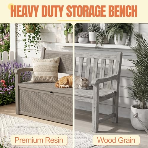 Storage Bench Outdoor Deck Box, 100 Gallon Lockable Patio Furniture, Grey
