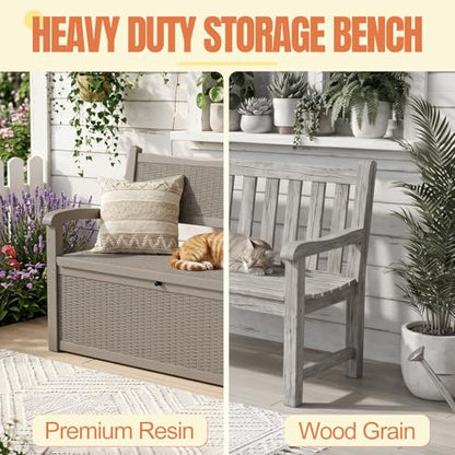 Storage Bench Outdoor Deck Box, 100 Gallon Lockable Patio Furniture, Grey