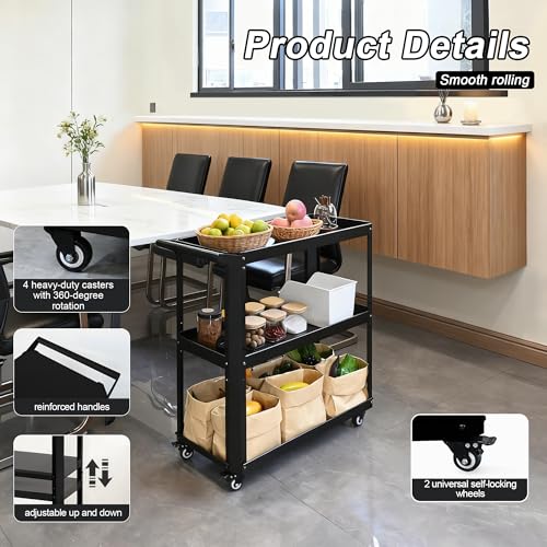 3 Tier Metal Utility Rolling Cart with Wheels, Black - color: Black