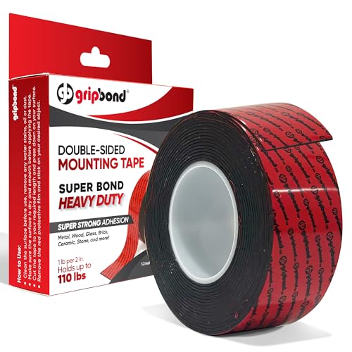 GripBond Black Super Bond Heavy Duty Double Sided Tape, 1 Roll (18.3 Ft), 1.2” x 220” – Waterproof Adhesive Mounting Tape for Indoor/Outdoor, Walls, Automotive, Car, LED Strip Lights, Home, Office - color: Black - Super Bond, size: 1.2” x 220” (1 Roll)