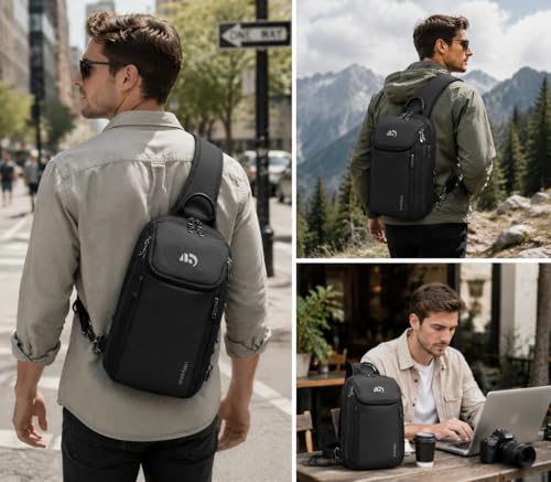 Sling Backpack RFID, Men Shoulder Crossbody Bag for 11-inch iPad Travel - color: Black, size: Small