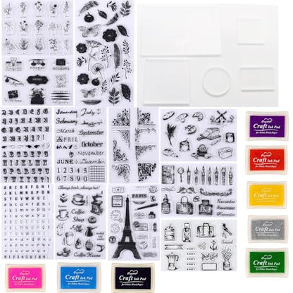 352 Pieces Acrylic Stamp Blocks Tools Set Include 339 Clear Stamp Blocks, 8 Pcs Colorful Craft Ink Pad 5 Pcs Clear Stamping Blocksfor Scrapbooking Card Making DIY