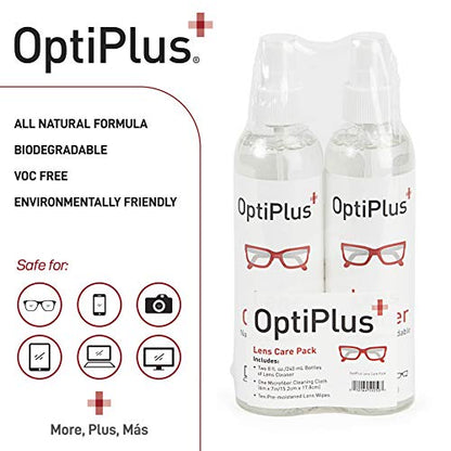OptiPlus 16oz All Natural Lens and Screen Cleaning Pack, Lens Wipes, Microfiber Cloth and 16 x 16 Microfiber Terry Towel 3 Pack (Red)