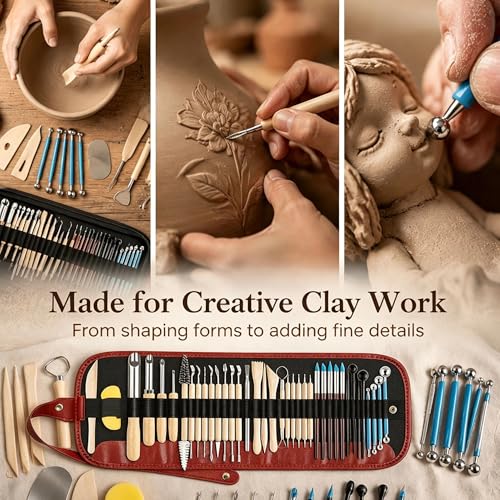 52PCS Clay Tools Kit, Clay Sculpting Tools Kit with Hole Puncher, Wooden Handle, Pottery Tools for Potters, Beginners & Professionals