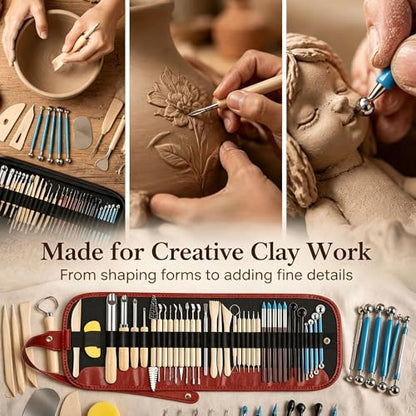 52PCS Clay Tools Kit, Clay Sculpting Tools Kit with Hole Puncher, Wooden Handle, Pottery Tools for Potters, Beginners & Professionals