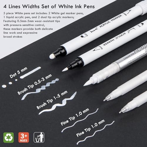 Brusarth White Pens Set, White Gel Pens, Dual-Tip Acrylic Paint Pen