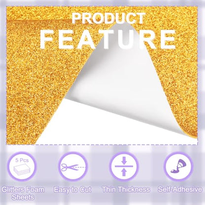 uxcell Foam Sheets 5Pcs 8x12Inch EVA Self-Adhesive Sparkle Gold Glitters - color: Gold