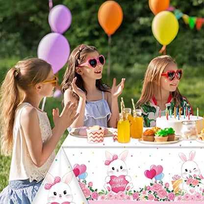 Jecery 3 Pack Bunny Birthday Party Tablecloth, Rabbit Floral Pastel Design