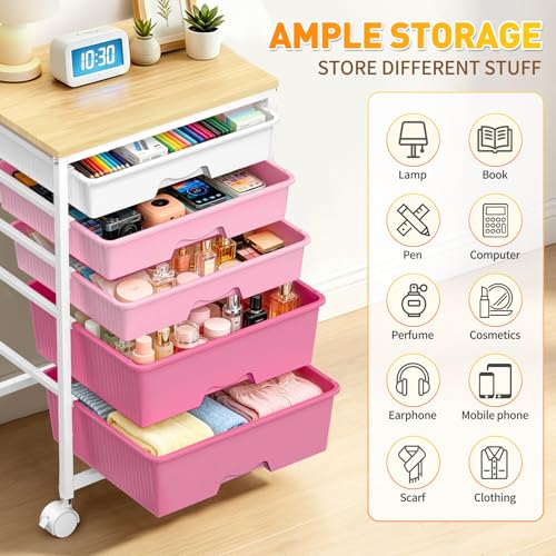 SUNALLY Rolling Carts with 5 Drawers, Storage Drawer Carts for Craft, Pink - color: Pink