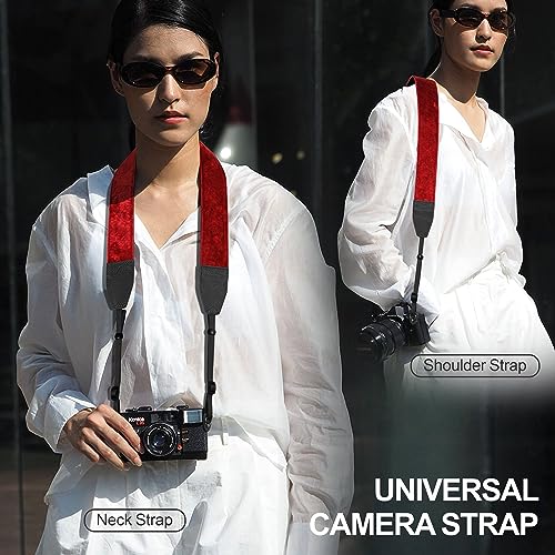 Padwa Lifestyle Velvet Camera Strap - 2" Double Layer Full Grain Cowhide Leather Head Camera Straps for Photographers,Unique Soft Velvet Fabric with Quick Release fits all Cameras - Ruby Red - color: Red Ruby