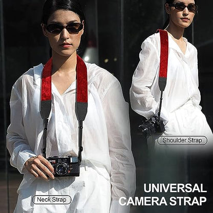 Padwa Lifestyle Velvet Camera Strap - 2" Double Layer Full Grain Cowhide Leather Head Camera Straps for Photographers,Unique Soft Velvet Fabric with Quick Release fits all Cameras - Ruby Red - color: Red Ruby