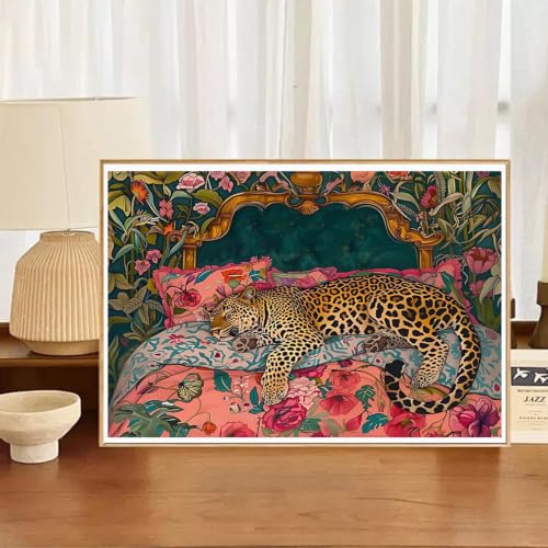 ZeeLionArt Diamond Art Kit, Sleeping Leopard Floral Bed, 16x12 Inch - color: DP04663