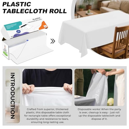 54IN X 320FT Plastic Table Cover Roll with Cutter Box, Cut to Size Plastic Table Cloths for Parties, Birthday, (White, 54"x3840"(Rectangular)) - color: White, size: 3840" x 54" (Rectangular)