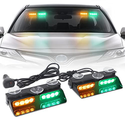 XRIDONSEN 2 in 1 Dash Strobe Lights 2×7.16 inch 16 LED Windshield Lights - color: Amber/Green