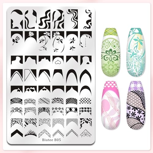 Biutee Nail Stamping Plate 2Pcs French Tip Lace Stamp Plates 110 Patterns - color: Rose Pink