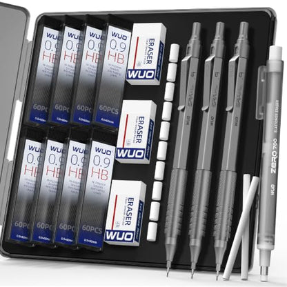 WUO 0.9mm Mechanical Pencil Set, 3 Pack Grey Metal Drafting Pencils - color: Grey, size: 0.9