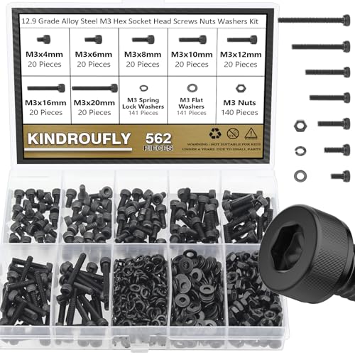 562 Pieces Black M3 x 4/6 /8/10 /12/16 /20mm Hex Socket Head Cap Screws Nuts Washers Assortment Kit, 12.9 Grade Alloy Steel - size: M3, style: Socket Head