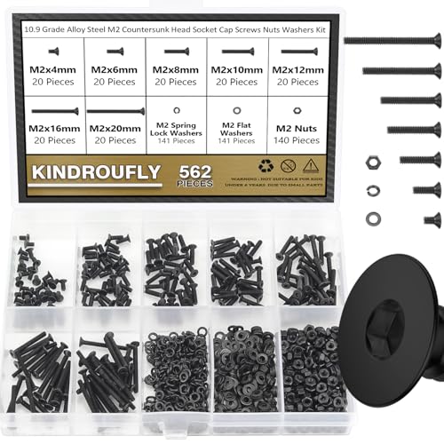 562 Pieces Black M2 x 4/6 /8/10 /12/16 /20mm Countersunk Head Socket Cap Screws Nuts Washers Assortment Kit, 10.9 Grade Alloy Steel - size: M2, style: Countersunk Head