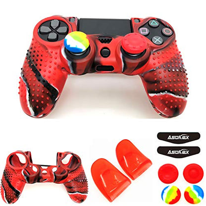 Silicone Skin Cover for Ps4 Controller (1pc Anti-Slip Case, 1 Pair L2 R2 Trigger Extender, 4pcs Thumb Grips,4pcs LED Light Bar Decal) Protector for DualShock PS4/ Slim/Pro Controller (red granular) - color: red granular