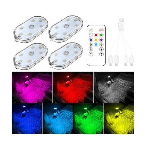 4 PCS Car Led Lights Interior,7 Colors Ambient Lighting Car Interior,USB Rechargeable Car Interior Reading Light,Portable Led Lights for Car - color: 4 PCS 7 Colored Lights Upgraded Version