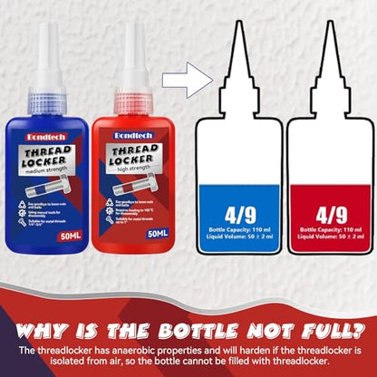 Thread Lock Blue and Red, Threadlocker Medium and High Strength, Thread Locker for Nuts, Bolts, Fasteners and Metals, Against Losening and Leakage