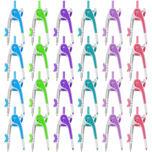 Chengu 24 Pcs Math Geometry Compass Bulk with Pencils 6 Inch, Bright Color - color: Bright Color