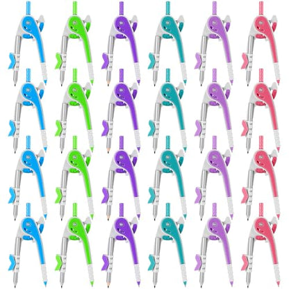 Chengu 24 Pcs Math Geometry Compass Bulk with Pencils 6 Inch, Bright Color - color: Bright Color