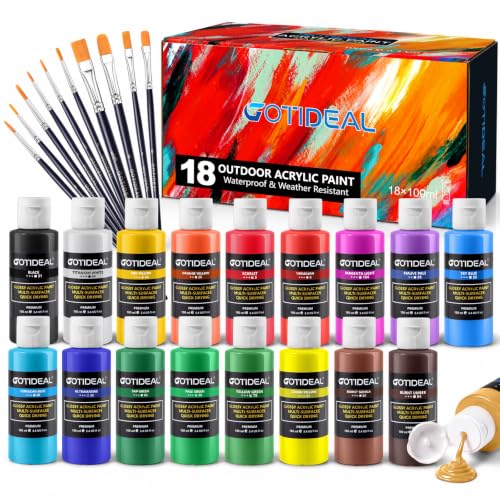 GOTIDEAL Outdoor Acrylic Paint Set, 18 Colors Waterproof Paint 3.4 oz/100ml