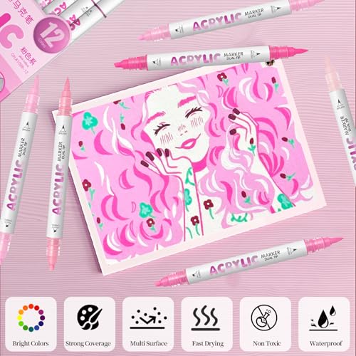Pink Acrylic Paint Pens, Water Based 12 Colors Dual Tip - color: Pink Series