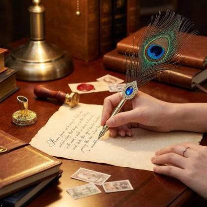 Joyeee Peacock Feather Pen and Ink Set, Writing Set for Lettering - color: Peacock Feather Pen and Ink Set