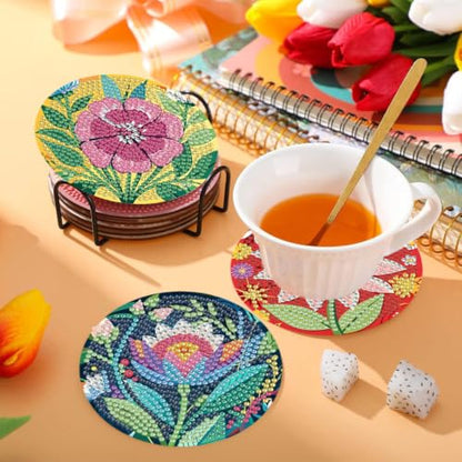 8 Pcs Flower Diamond Art Coasters, Diamond Painting Coasters - color: Flower-4