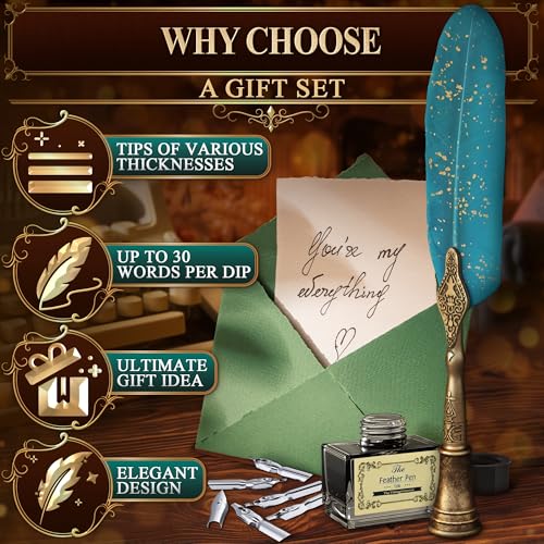 Lagarto Feather Pen and Ink Set, 11.4", 6 Steel Nibs, Inkwell (Turquoise) - color: Turquoise