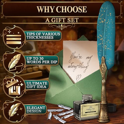 Lagarto Feather Pen and Ink Set, 11.4", 6 Steel Nibs, Inkwell (Turquoise) - color: Turquoise