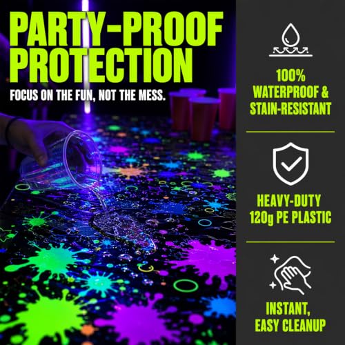2 Pack Neon Paint Splatter Glow in the Dark Plastic Tablecloth 54x108 Inch - color: Neon Glow Tablecloth