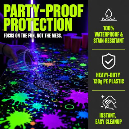 2 Pack Neon Paint Splatter Glow in the Dark Plastic Tablecloth 54x108 Inch - color: Neon Glow Tablecloth