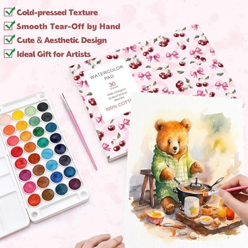Watercolor Paper Pad 9x12 in, 30 Sheets 140Lb Cold Press, 2 Brushes - size: 9x12 Inch