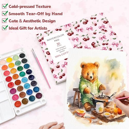 Watercolor Paper Pad 9x12 in, 30 Sheets 140Lb Cold Press, 2 Brushes - size: 9x12 Inch