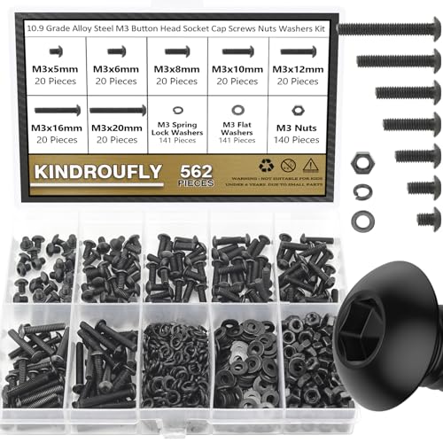 562 Pieces Black M3 x 5/6 /8/10 /12/16 /20mm Button Head Socket Cap Screws Nuts Washers Assortment Kit, 10.9 Grade Alloy Steel - size: M3, style: Button Head