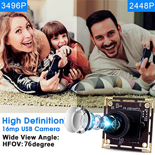 ELP 16 Megapixel USB Camera Module with 75degree No Distortion Lens 3496P 6K Embedded Webcam Board for Computer 16mp CMOS IMX298 USB2.0 Video Raspberry Pi Web PC Camera for 3D printer Bar/QR Code Scan