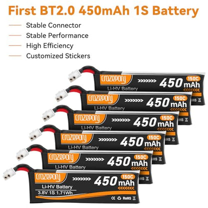 1S Lipo Battery 3.8V 450mAh with BT2.0 Connector for Tiny Whoop Drone-6Pack