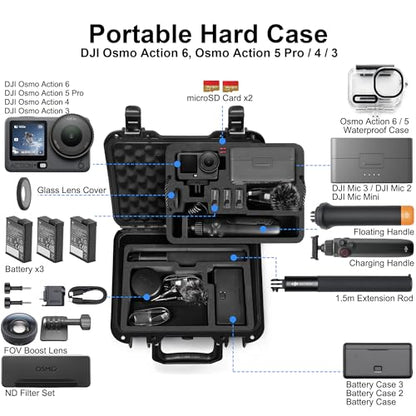 Lekufee Portable Waterproof Hard Case for DJI Osmo Action 6/5 Pro/4/3 Action Camera,Standard Combo,Adventure Combo,More Accessories(Case Only)