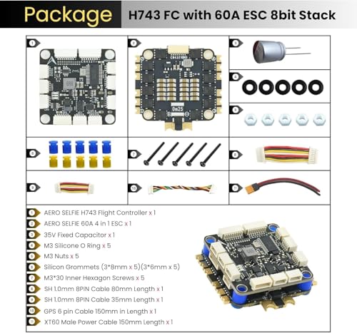 AERO SELFIE H743 Flight Controller with 60A 8 bit ESC 30x30 Stack: Supports 2-6S LiPo, Dual IMU, Compass, Barometer, Compatible with Betaflight, INAV, PX4, Ardupilot for FPV & Racing Drones