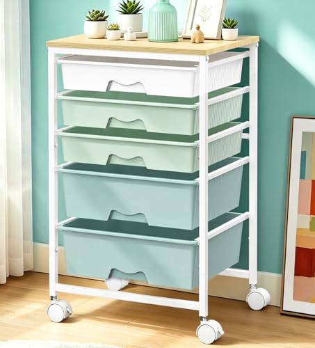 SUNALLY Rolling Carts with 5 Drawers, Storage Drawer Carts for Craft, Green - color: Green