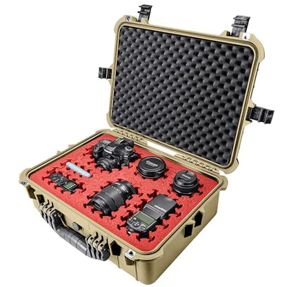 Eylar 20" Large Hard Case Equipped With Ragar Reconfigurable & Reusable XP Crosslinked Foam, Waterproof, Shockproof For Gear, Drones And Cameras (2 Red/Black Ragar Layers) (Tan) - color: Tan