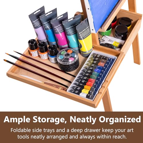 Wooden H-Frame Studio Easel with Storage Drawer and Palettes,Natural - style: Side Trays Natural