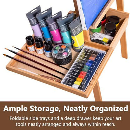Wooden H-Frame Studio Easel with Storage Drawer and Palettes,Natural - style: Side Trays Natural