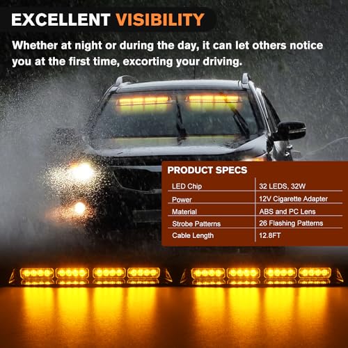 Nilight 32LED Amber Emergency Dash Strobe Lights w/Controller Suction Cups - color: Amber