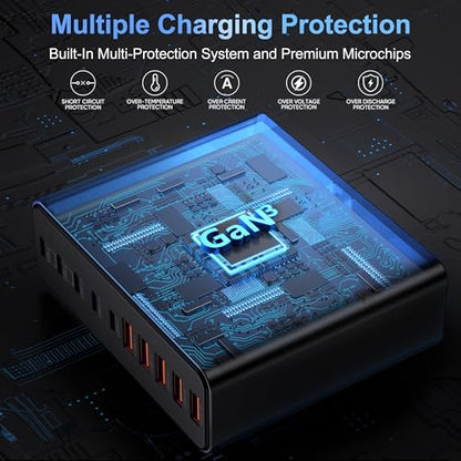 800W USB C Charger Block,10-Port GaN Charging Station - color: Black