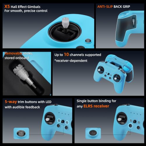 Radiomaster T8L ELRS 2.4GHz Radio Transmitter, 204g Lightweight Screenless Remote Controller with Hall-Effect Gimbals, USB-C Charging & Simulator Compatibility for FPV Drones (Blue) - color: Blue